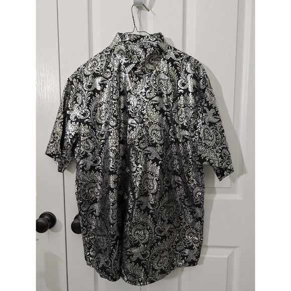 Paisley Silver Men's shirt Button-up Black Silver Sz 2XL Shiny - Picture 2 of 7